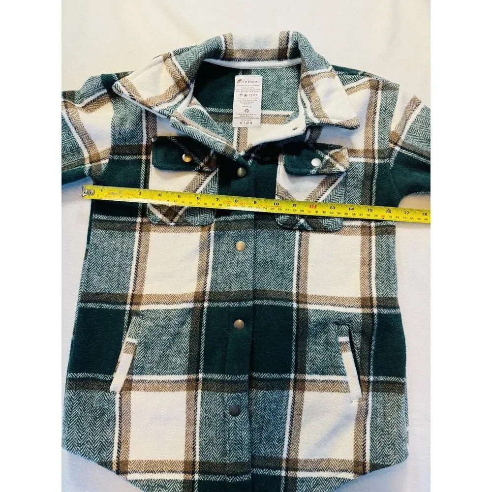 Fornia Kids Shacket Green Plaid Small /8 Snap Front‎ Shirt Jacket Fleece